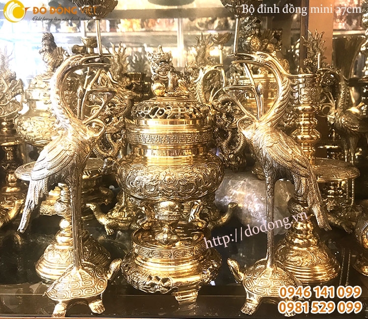 Bộ đỉnh đồng thờ cúng mini cao 27,33cm cho bàn thờ nhỏ