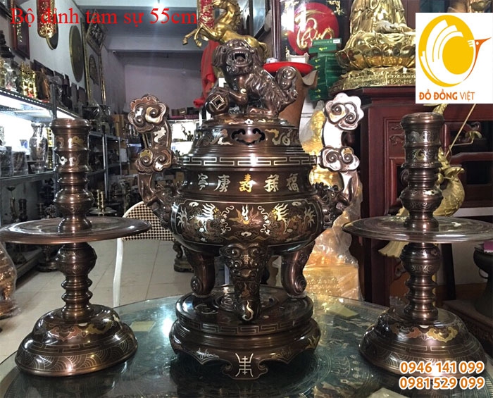 Bộ tam sự đỉnh đồng ngũ sắc đại bái 55cm