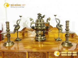 Bộ đỉnh đồng hoa sòi cạo màu đẹp tinh xảo cao 60 cm