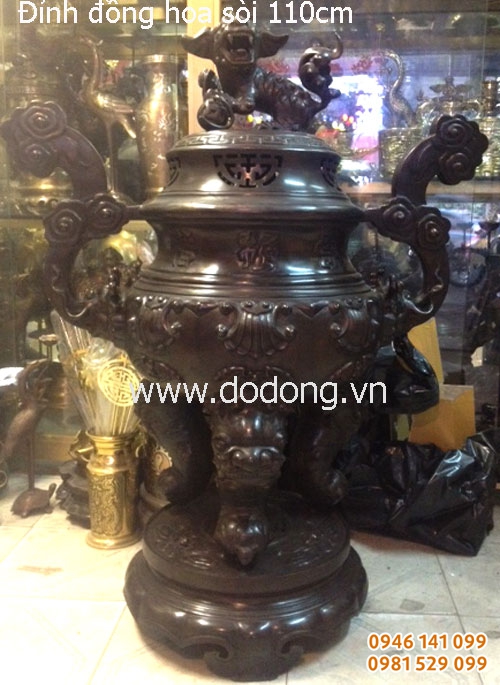 Đỉnh lư hương hoa sòi đúc liền tai 110cm