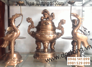Bộ ngũ sự đồng đỏ đỉnh, hạc,chân nến cao 50cm