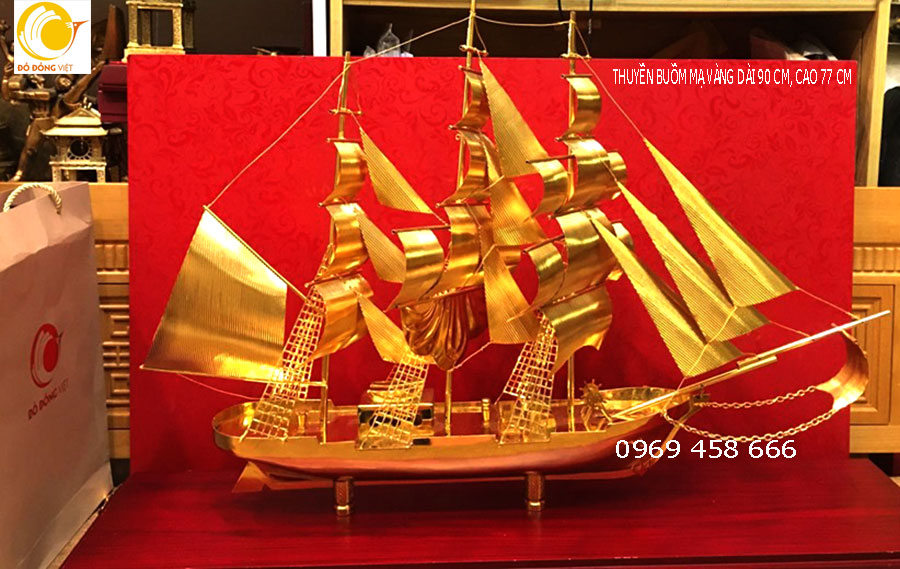 Thuyền buồm mạ vàng dài 97 cao 79 cm trang trí phong thủy