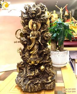 Tượng phật bà quan âm tựa cửu long bằng đồng 38 cm