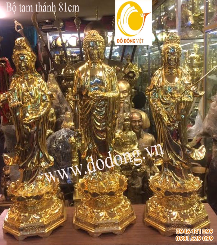 Bộ tượng đồng tam thánh 81cm đứng mạ vàng cao cấp