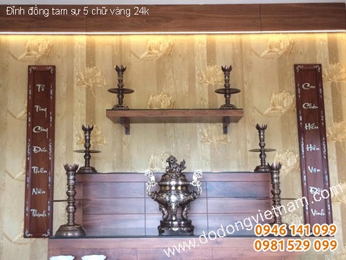 Bộ lư thờ đồng ngũ sự chạm khảm ngũ sắc 5 chữ vàng 60cm