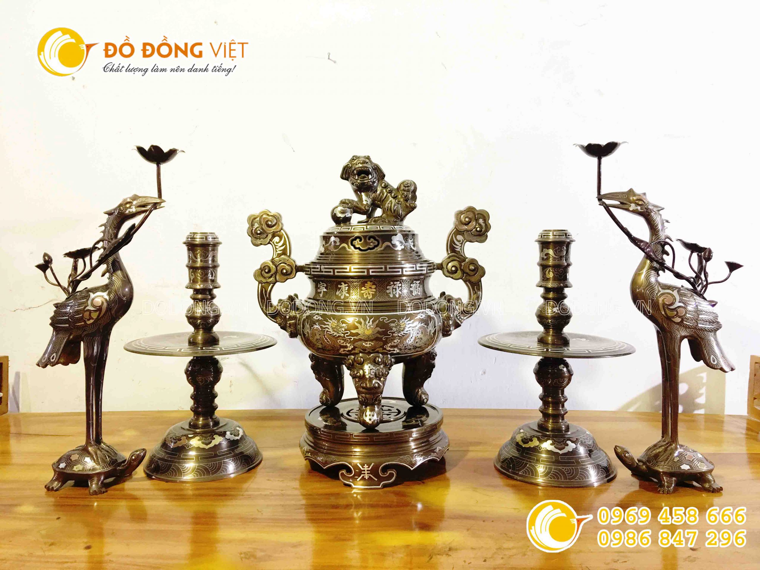 Bộ ngũ sự đỉnh đồng khảm ngũ sắc 5 chữ vàng