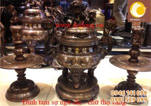 Đồ thờ đồng đại bái khảm ngũ sắc 55 chữ vàng