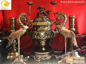 Bộ đỉnh thờ hun màu song long trầu nguyệt ngũ sự 60cm