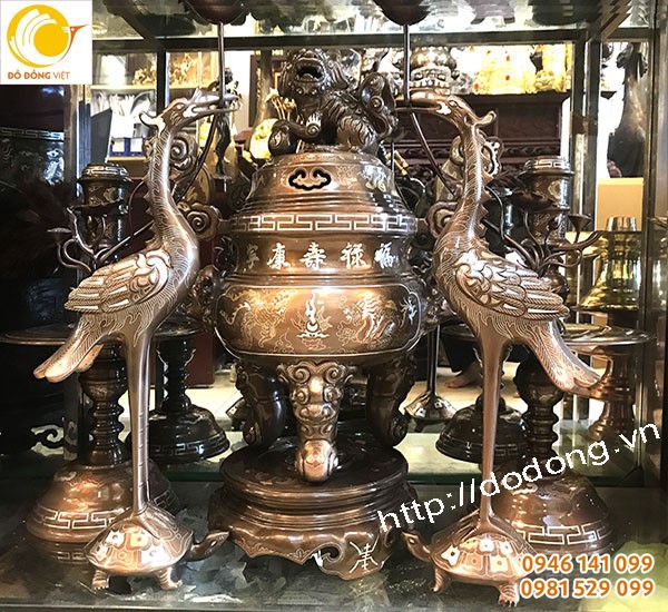 Bộ đỉnh đồng khảm rồng phượng tam khí 60cm hàng kỹ