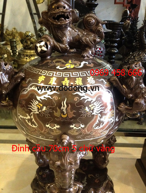 Đỉnh cầu ngũ sắc 70cm rồng trầu chữ vàng đồ đồng đẹp