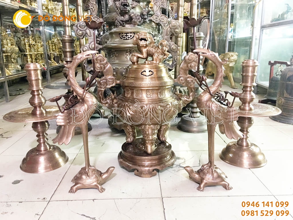 Bộ đỉnh đồng đỏ hoa sòi tai mây 5 chữ nổi Phúc Lộc Thọ Khang Ninh