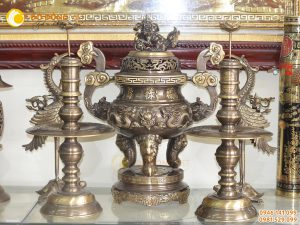 Bộ đỉnh đồng song long chầu nguyệt hun giả cổ cao 70cm