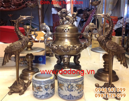 Bộ đồ thờ đồng hun, đỉnh đại bái 55cm ngũ sự Đồ đồng hun màu