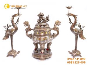 Bộ đỉnh đồng thờ cúng khảm ngũ sắc tam sự 5 chữ vàng cao cấp