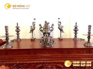 Bộ đỉnh ngũ sự bằng đồng khảm ngũ sắc cao 60 cm