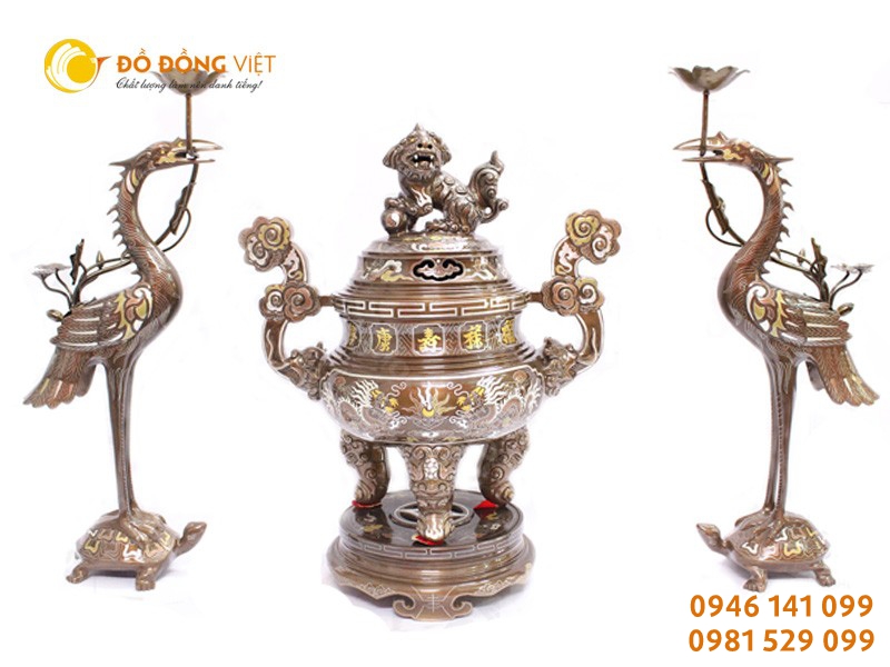 Bộ đỉnh đồng thờ cúng khảm ngũ sắc tam sự 5 chữ vàng cao cấp