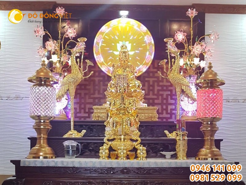 Đỉnh đồng, hạc đồng, tượng phật quan âm bằng đồng mạ vàng 24k