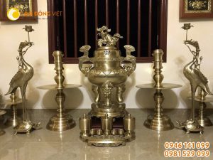 Bộ đỉnh đồng thờ cúng ngũ sự bằng đồng vàng cao 60 cm