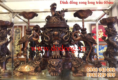 Đỉnh đồng song long trầu đúc nổi 3d 35,45,60cm