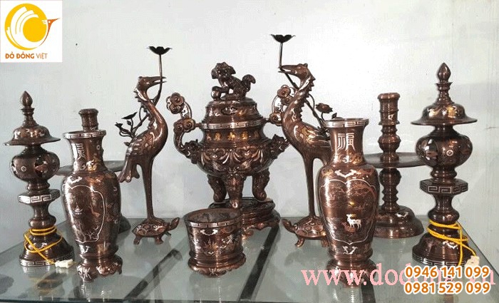 Đỉnh đồng sòi 60cm 5 chữ vàng, bộ đồ thờ cúng lá sòi cao cấp