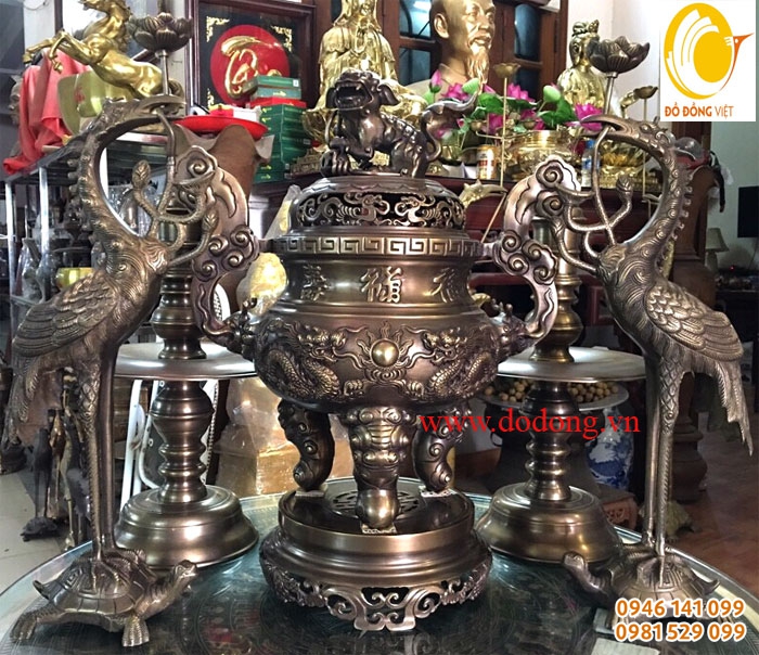 Bộ đỉnh thờ song long hun giả cổ 60cm