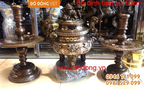 Đỉnh tam sự khảm đồng tiền kép 50cm Đồ đồng tam khí