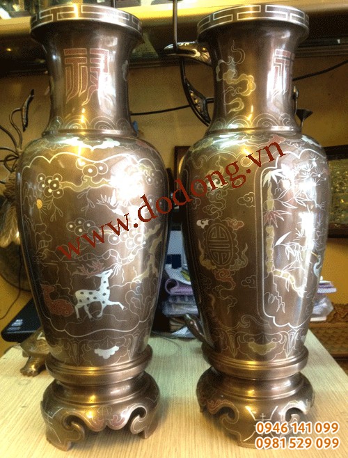 Đôi lọ hoa khảm ngũ sắc vàng, bạc,đồng 42cm