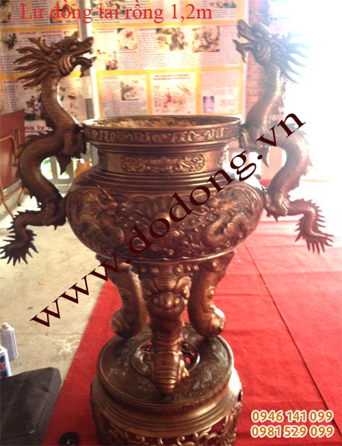 Lư đồng đúc nguyên khối 90cm song long