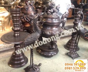 Bộ đồ thờ ngũ sự đồng hun màu đen 40cm đồ đồng hun