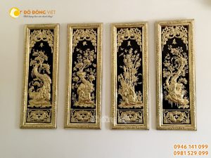 Tranh tứ quý bằng đồng vàng liền mê cả khung KT 40×115 cm