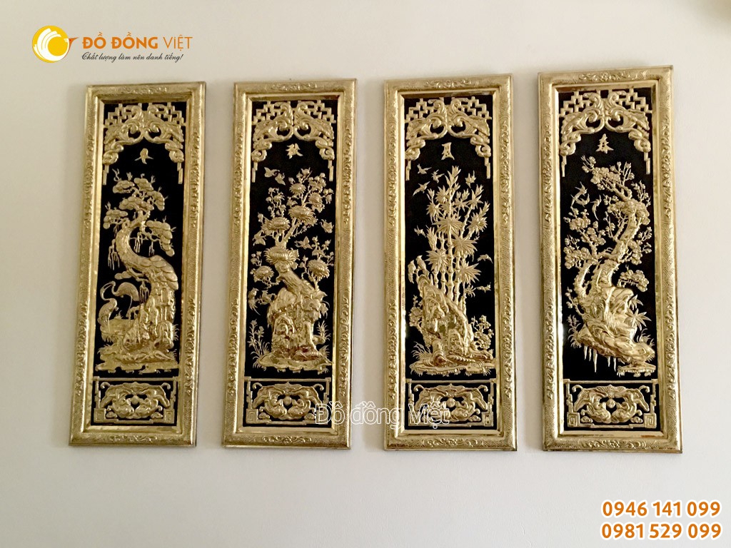 Tranh tứ quý bằng đồng vàng liền mê cả khung KT 40×115 cm