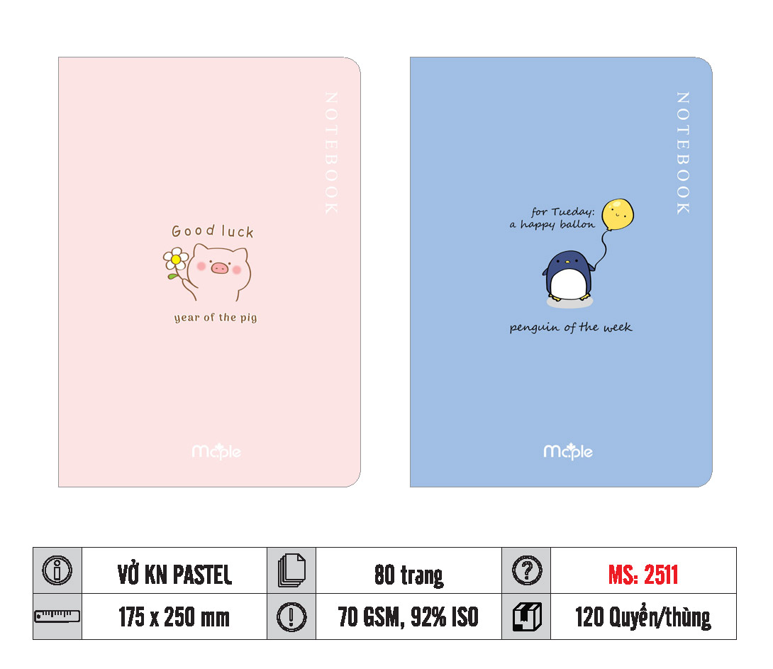 VỞ KẺ NGANG PASTEL MC.PLE 80 TRANG, 70GSM MS 2511/2512/2516/2517/2520/2521