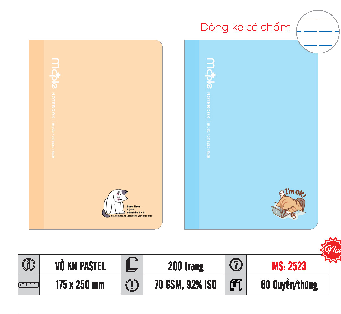 VỞ KẺ NGANG PASTEL MC.PLE 200 TRANG, 70GSM MS 2523/2515/2519/2509/2510